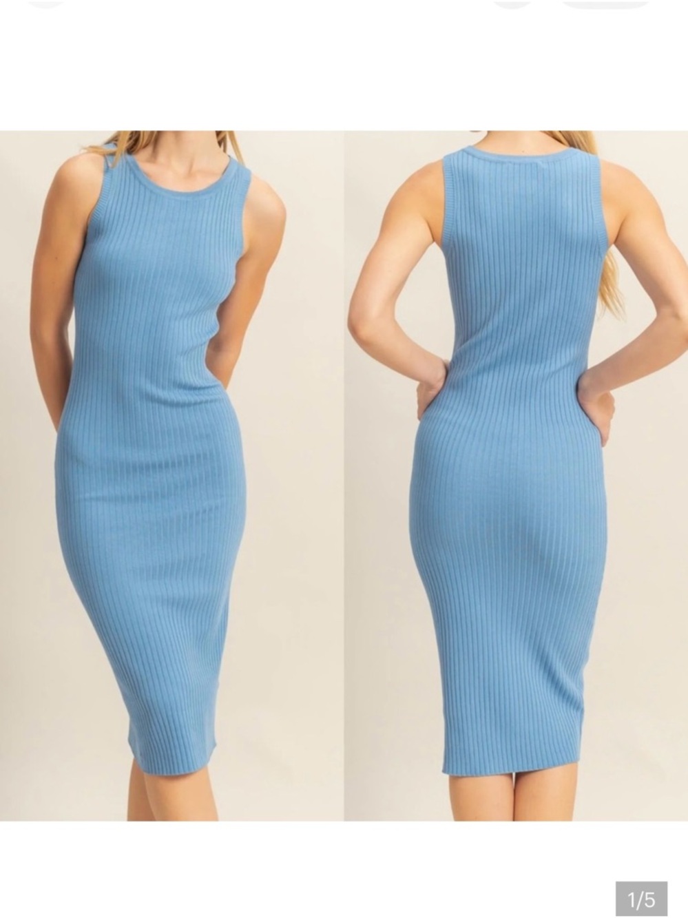 Double Zero Sky Blue Ribbed Tank Midi Dress